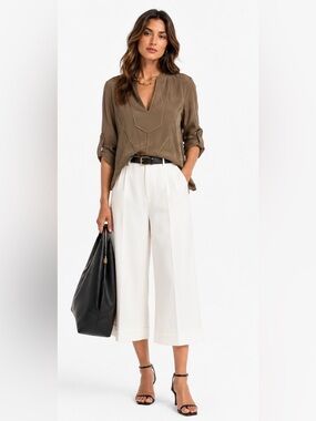Vintage BCBG Max Azria Silk Taupe Blouse | Contrast Topstitch Trim long sleeve